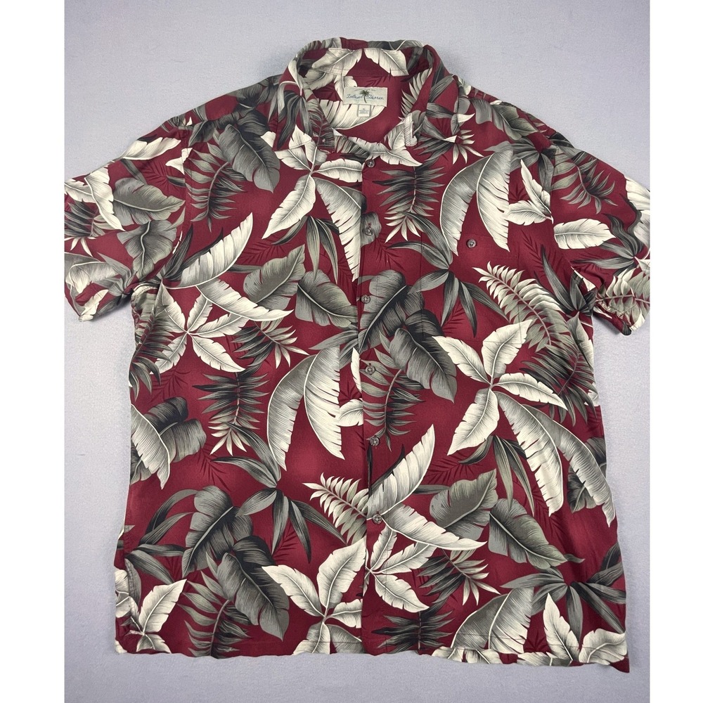 Island Shores Shirt Mens XL Red Tropical Palm Leaf Aloha Rayon‎ Short Sleeve